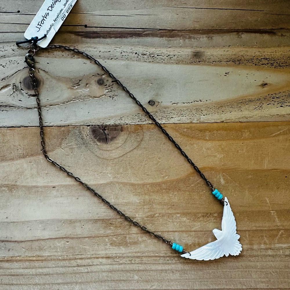 J. Forks Designs White and Turquoise Thunderbird Pendant Necklace
